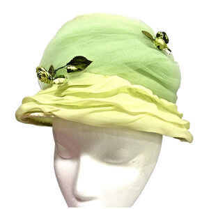 Mid Century Pill Box Hat Pastel Greens Chiffon Dressy Floral Millinery Cottage